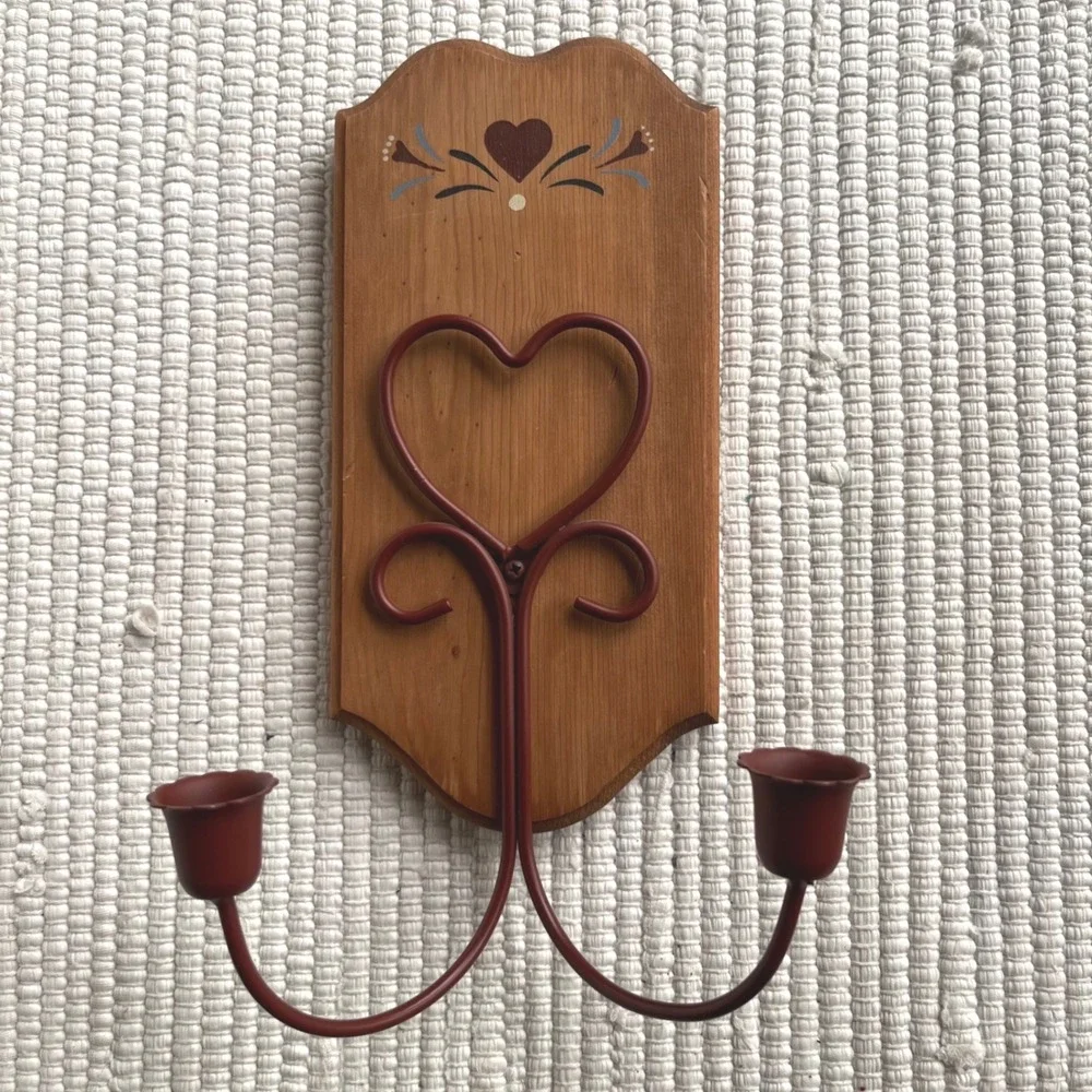 Vintage Folk Art Wood and Metal Heart Wall Sconce Candle Holder Rustic Red